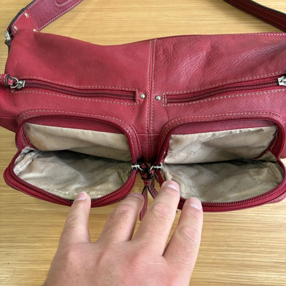 Tignanello Red Leather Shoulder Bag Multi Pocket Hobo Purse Women's 15x11